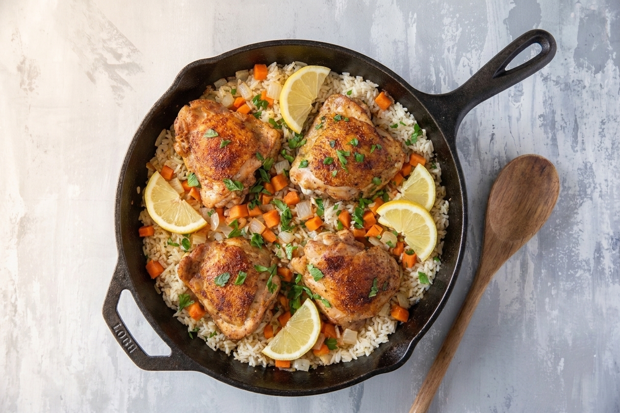 A cast iron skillet filled with golden-brown chicken thighs nestled into fluffy rice with parsley and lemon wedges on a warm kitchen counter, natural window light