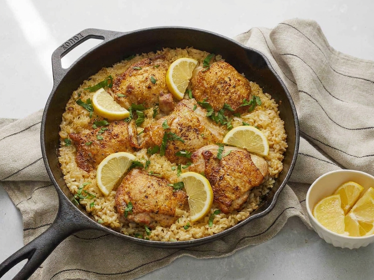 A cast iron skillet filled with golden-brown chicken thighs nestled into fluffy rice with lemon slices and fresh herbs on top, set on a warm kitchen counter with soft natural light
