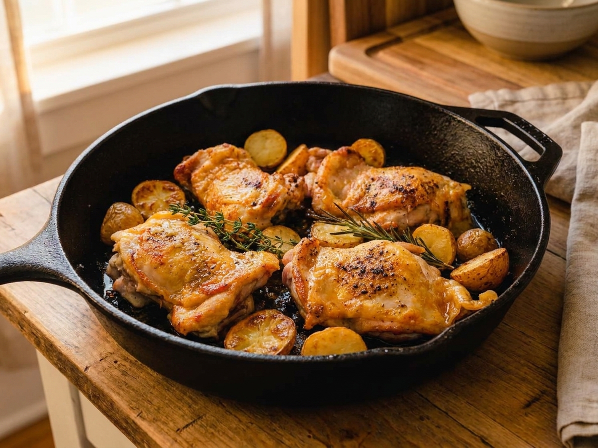 A cast iron skillet filled with golden browned chicken thighs, roasted baby potatoes, lemon slices, and fresh herbs on a warm kitchen counter