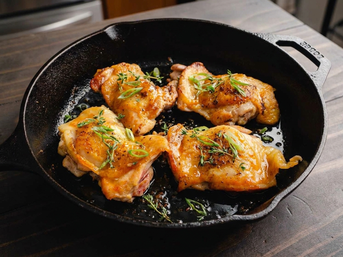A cast iron skillet filled with golden-browned chicken thighs glazed in a glossy apricot sauce, with fresh thyme and sliced scallions on top, set on a warm kitchen counter with soft natural light