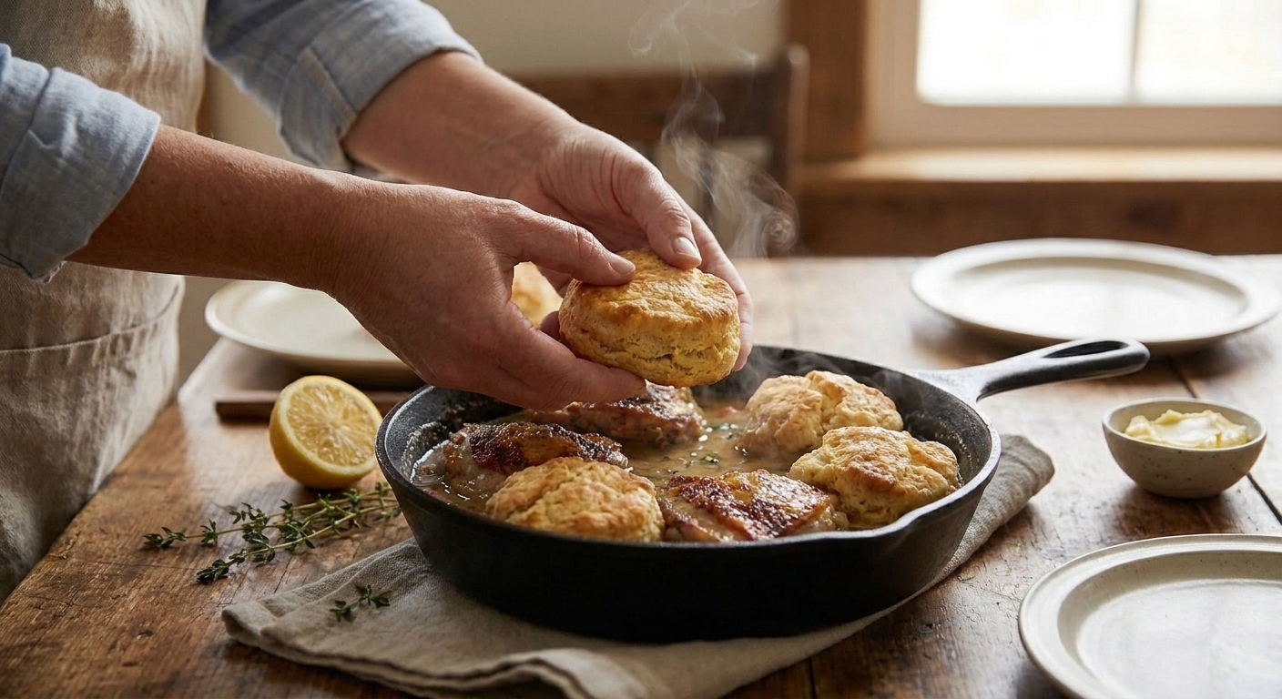 A cast iron skillet filled with golden drop biscuits baked over browned chicken with a glossy lemon herb pan sauce on a warm kitchen table