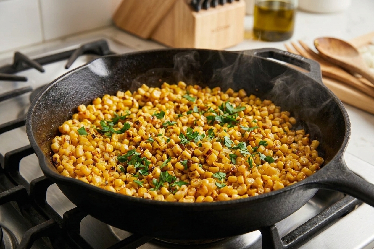 A cast-iron skillet filled with golden fried corn kernels with browned, crispy edges and chopped parsley, sitting on a stovetop under warm kitchen lighting
