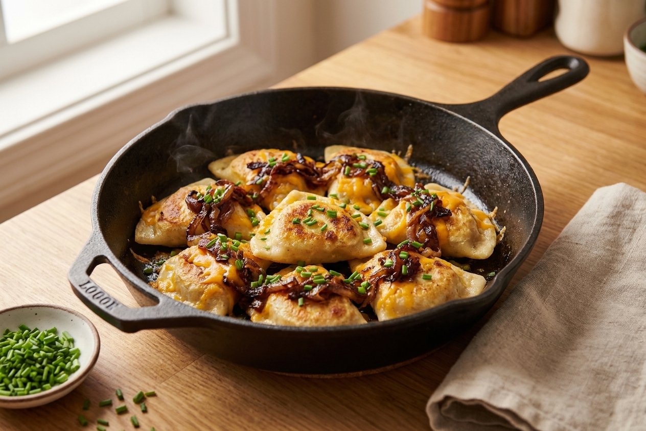 A cast iron skillet filled with golden pan-fried potato and cheddar pierogies topped with caramelized onions and chopped chives on a warm kitchen counter