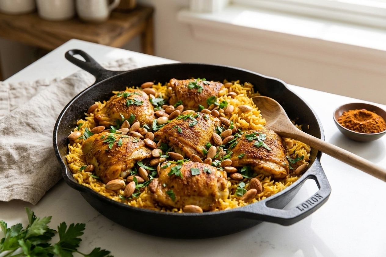 A cast iron skillet filled with golden ras el hanout chicken thighs nestled into fluffy rice with toasted almonds and chopped parsley on a warm kitchen counter