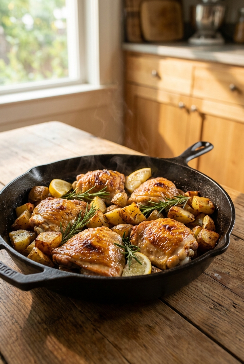 A cast iron skillet filled with golden roasted chicken thighs and crispy potato chunks, with rosemary and lemon wedges, on a wooden table in warm window light