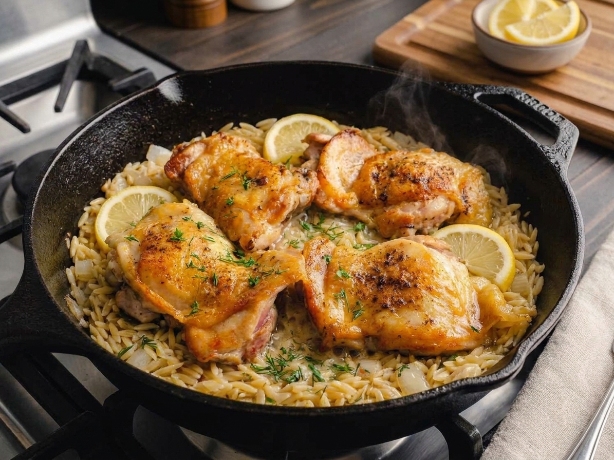 A cast iron skillet filled with golden seared chicken thighs nestled into creamy orzo with lemon slices and chopped parsley on a warm kitchen counter
