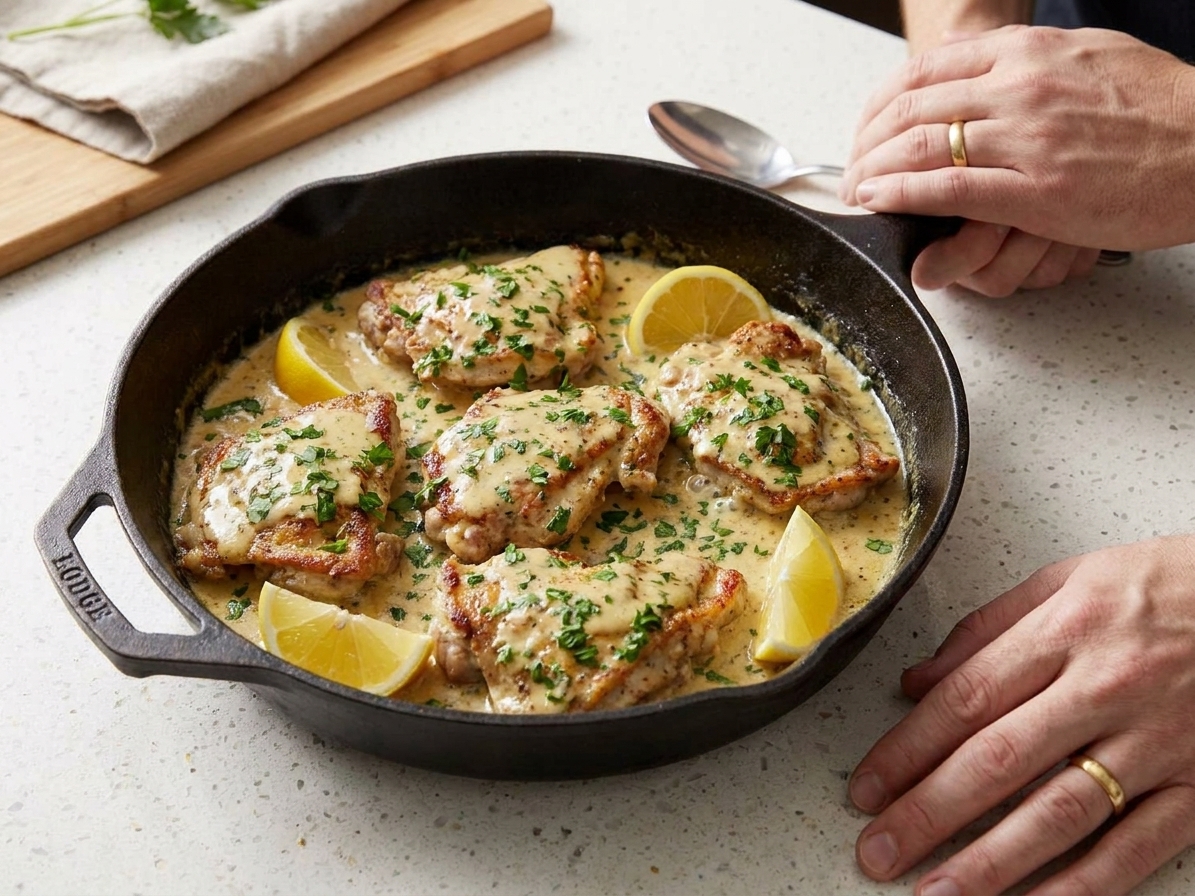A cast iron skillet filled with golden seared chicken cutlets coated in a creamy Dijon mustard sauce, topped with chopped parsley and served with lemon wedges on a warm kitchen counter
