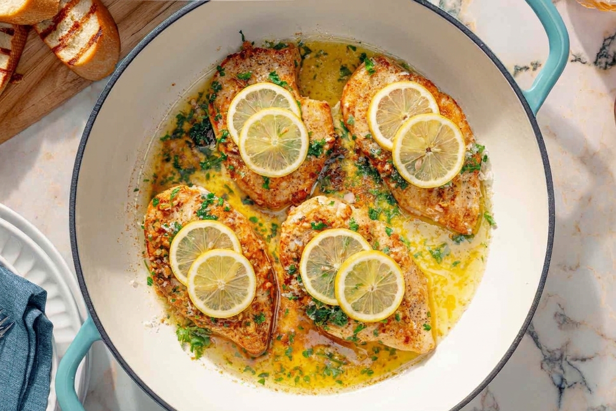 A cast iron skillet filled with golden seared chicken cutlets topped with lemon slices and chopped parsley, with a glossy pan sauce pooling around the chicken