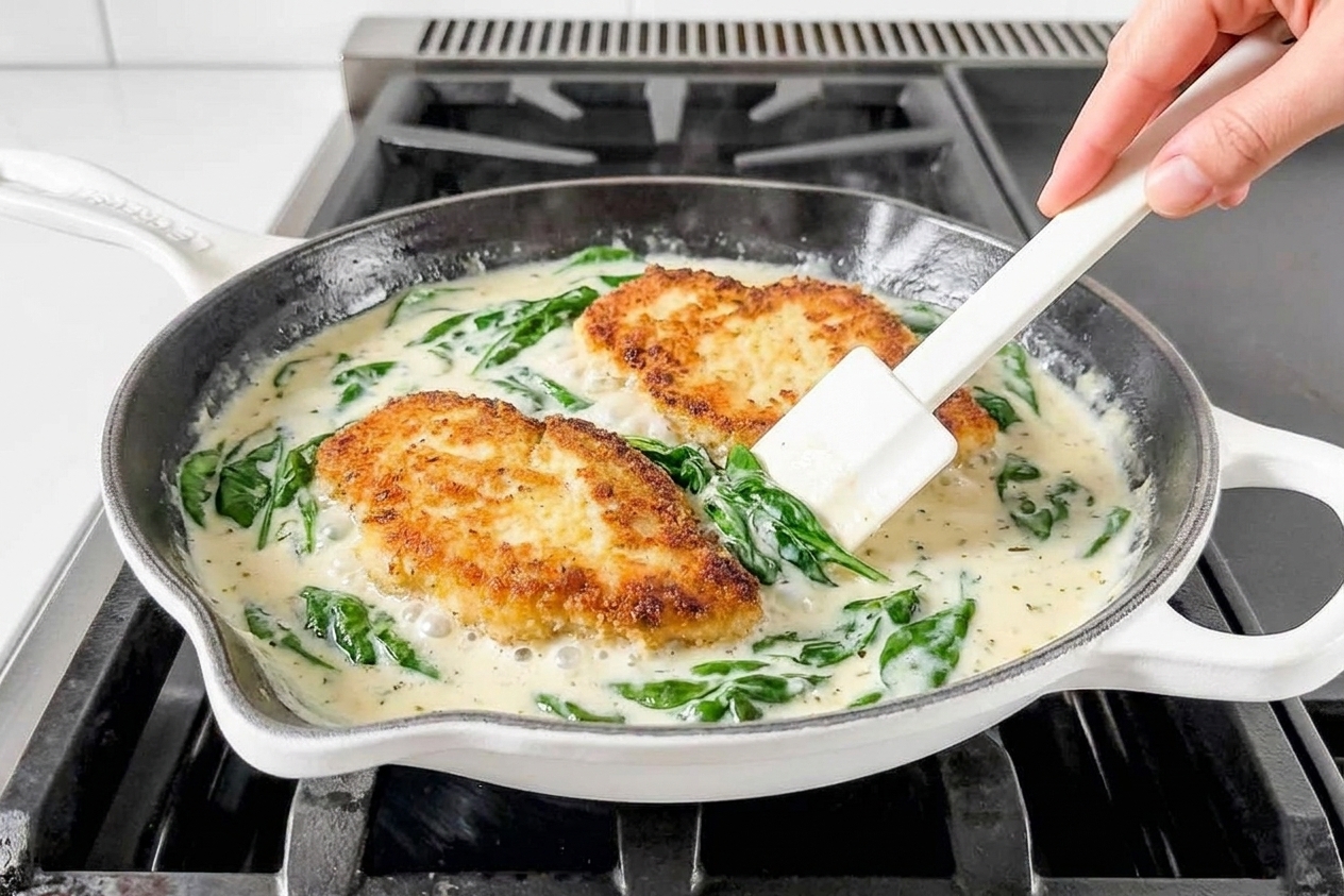 A cast iron skillet filled with golden seared chicken cutlets simmering in a creamy white Boursin herb sauce with wilted spinach, on a warm kitchen stovetop