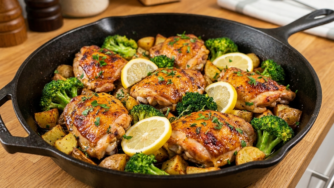 A cast iron skillet filled with golden seared chicken thighs, crispy roasted potato chunks, and bright green broccoli, finished with lemon slices and chopped herbs on a warm kitchen counter