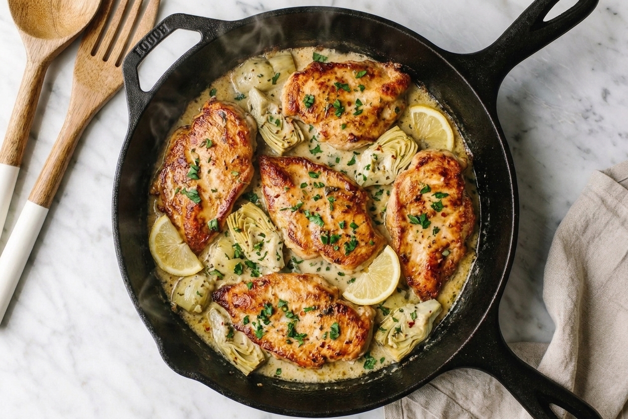 A cast iron skillet filled with golden seared chicken cutlets and artichoke hearts in a creamy lemon Parmesan sauce, finished with chopped parsley on a warm kitchen counter