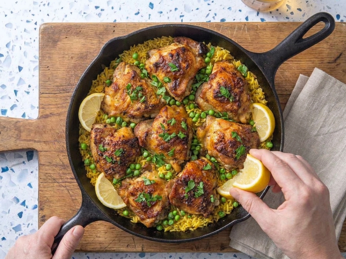 A cast iron skillet filled with golden yellow rice and browned chicken thighs, garnished with chopped parsley and lemon wedges on a wooden kitchen counter