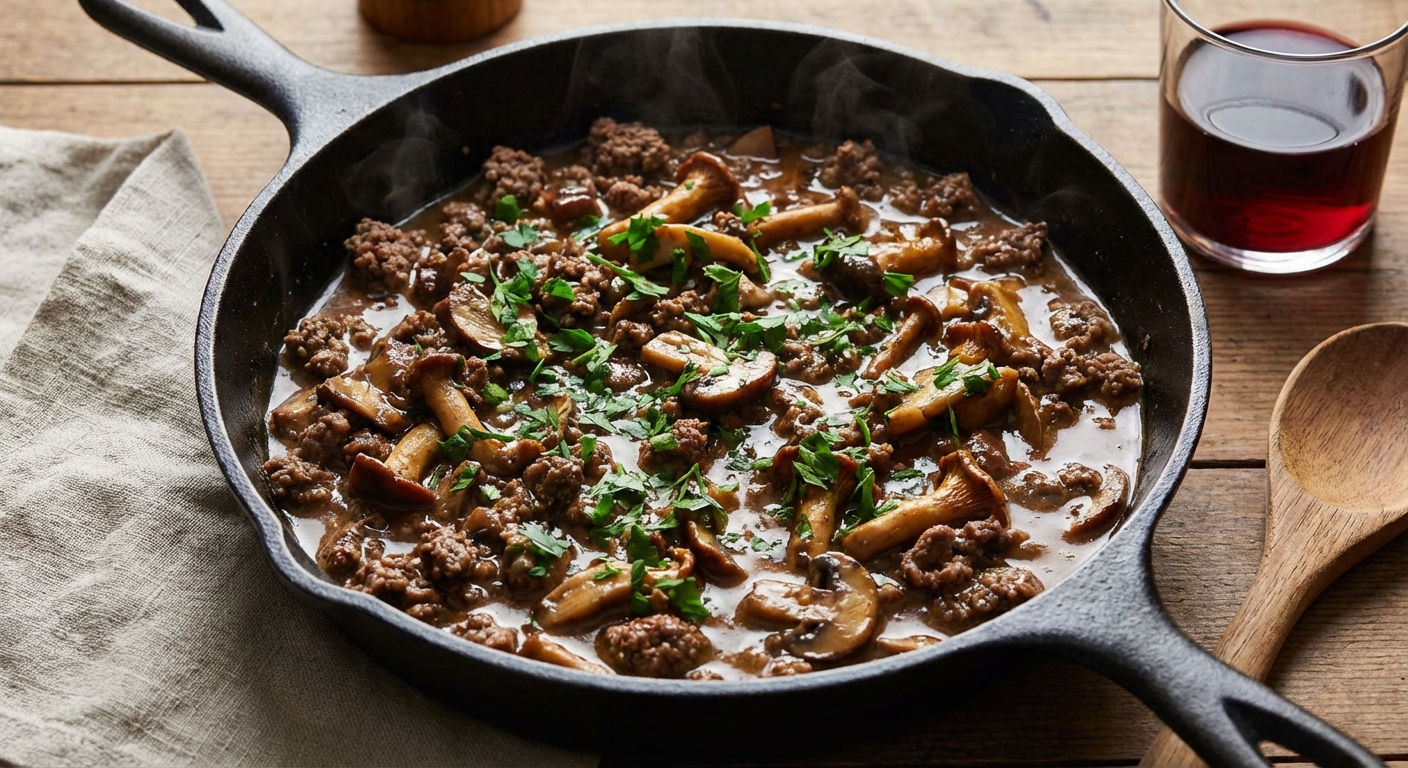 Savory Ground Venison Skillet with Mushrooms and Red Wine Gravy