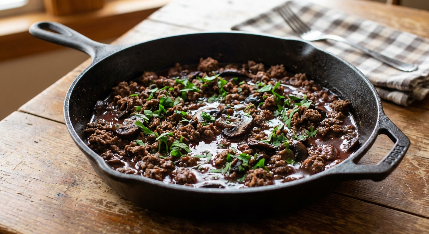 A cast iron skillet filled with ground venison, sautéed mushrooms, and glossy red wine gravy, garnished with chopped parsley on a wooden table