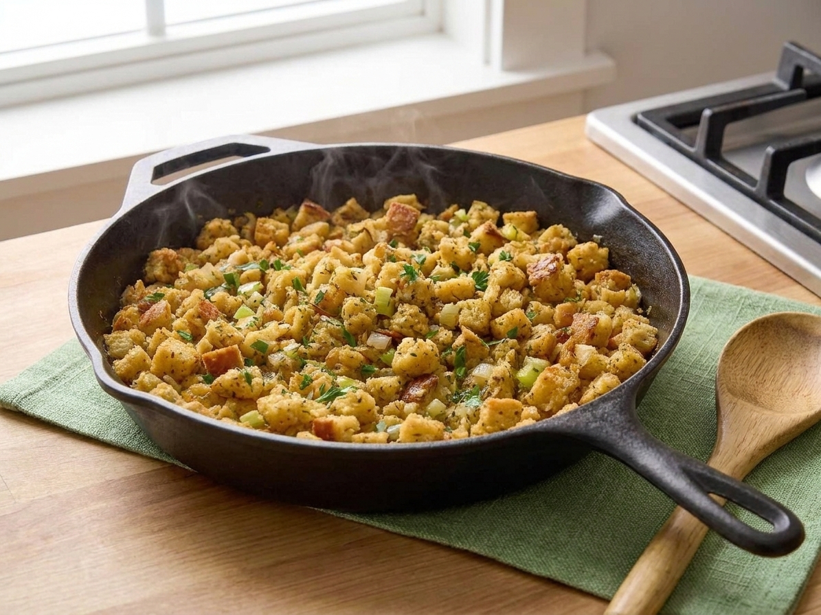 A cast iron skillet filled with homemade stove top stuffing, with crisp golden bread cubes on top and flecks of parsley, sitting on a kitchen table