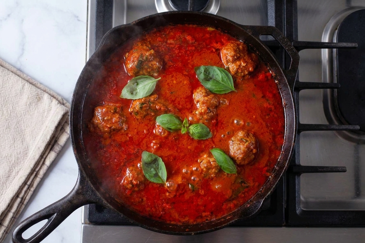 A cast iron skillet filled with meatballs simmering in a glossy tomato sauce with basil on top on a warm kitchen stovetop