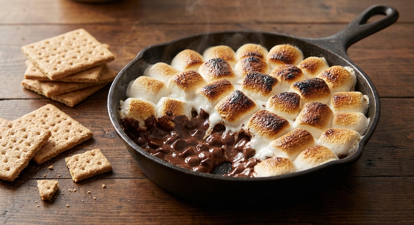 A cast-iron skillet filled with melted chocolate chips and a layer of marshmallows toasted golden brown on top, sitting on a wooden table with graham crackers nearby, real food photography
