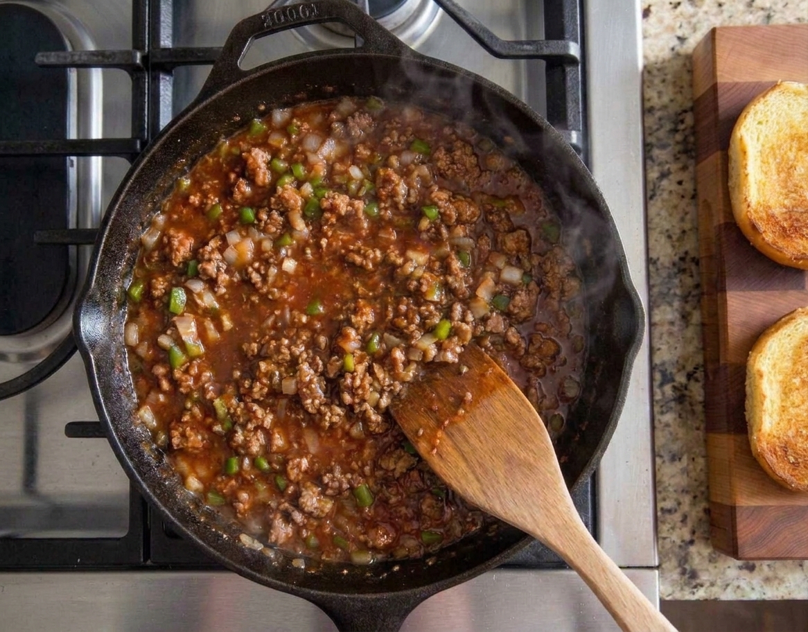 A cast iron skillet filled with old-fashioned sloppy joe mixture, glossy tomato sauce clinging to browned ground beef and diced peppers, with toasted buns nearby on a wooden board in a warm home kitchen