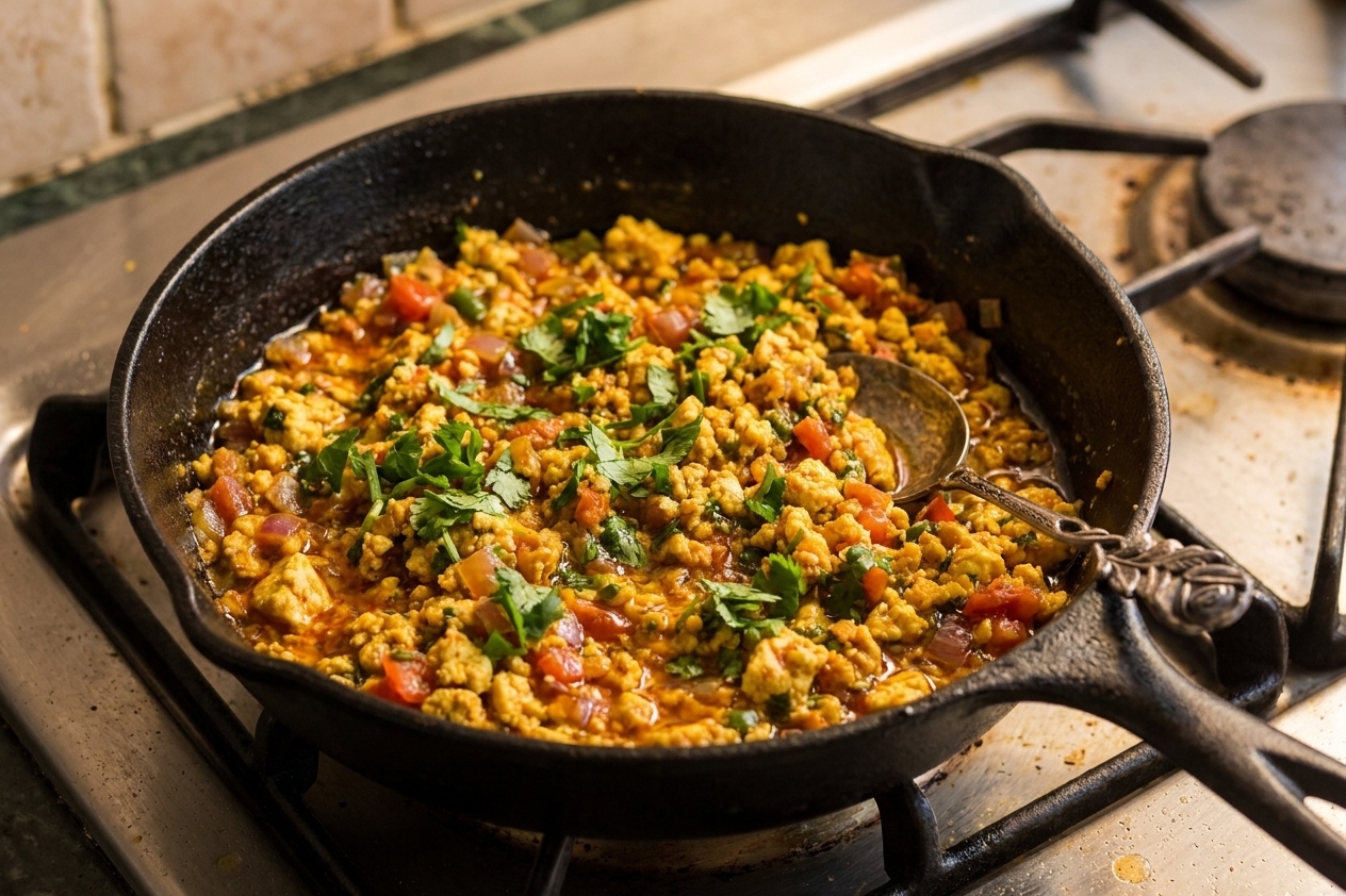 A cast-iron skillet filled with paneer bhurji, showing crumbled paneer in a glossy onion-tomato masala with visible cilantro and green chile, on a warm kitchen stovetop