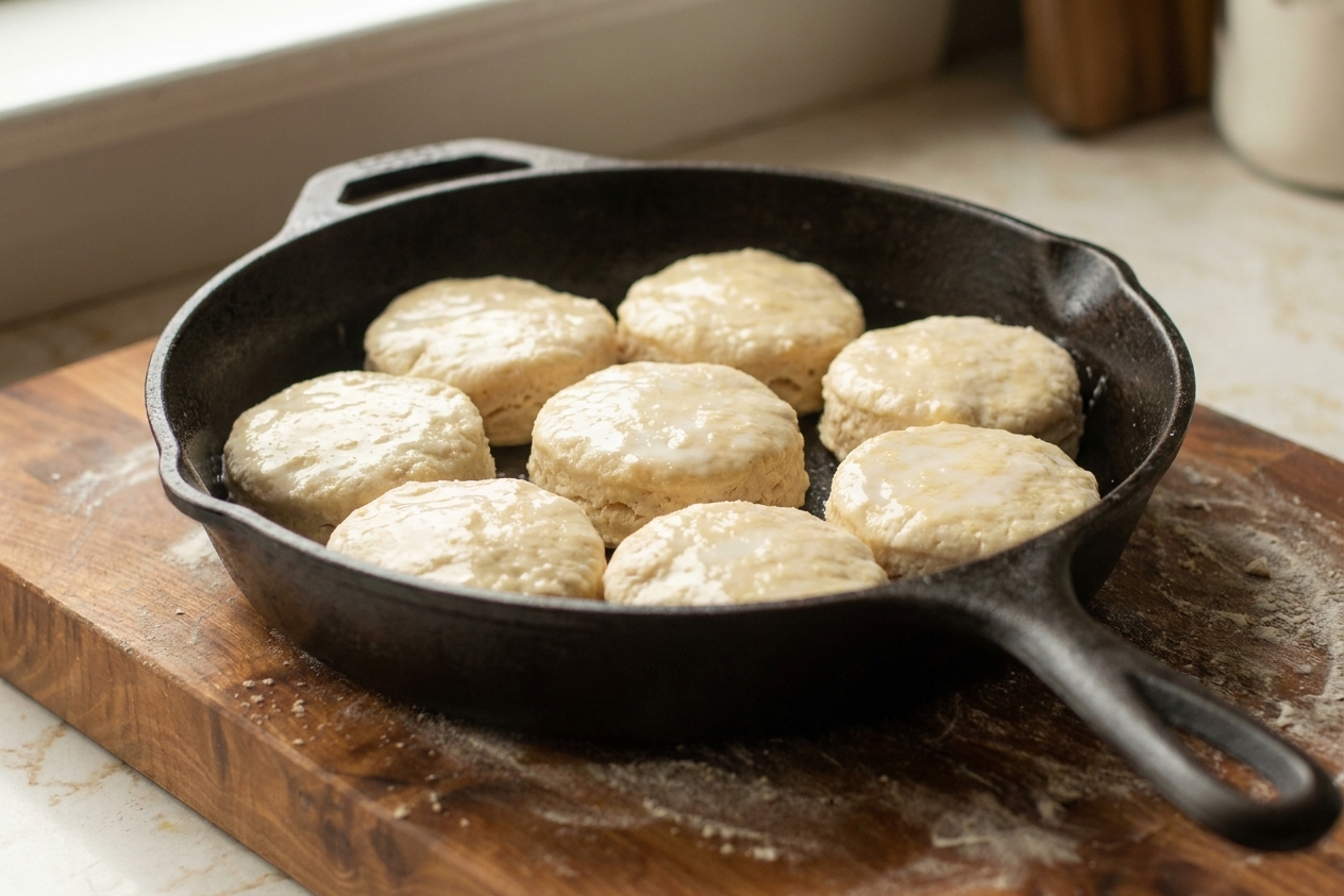 A cast iron skillet filled with raw biscuit rounds ready to bake, brushed lightly with buttermilk on top