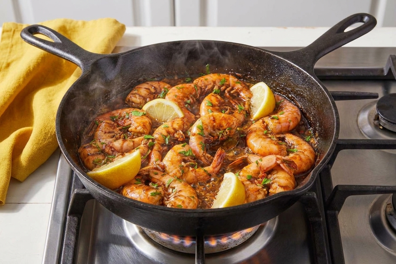 A cast iron skillet filled with saucy garlic butter BBQ shrimp, lemon wedges, and chopped parsley on a warm kitchen stove