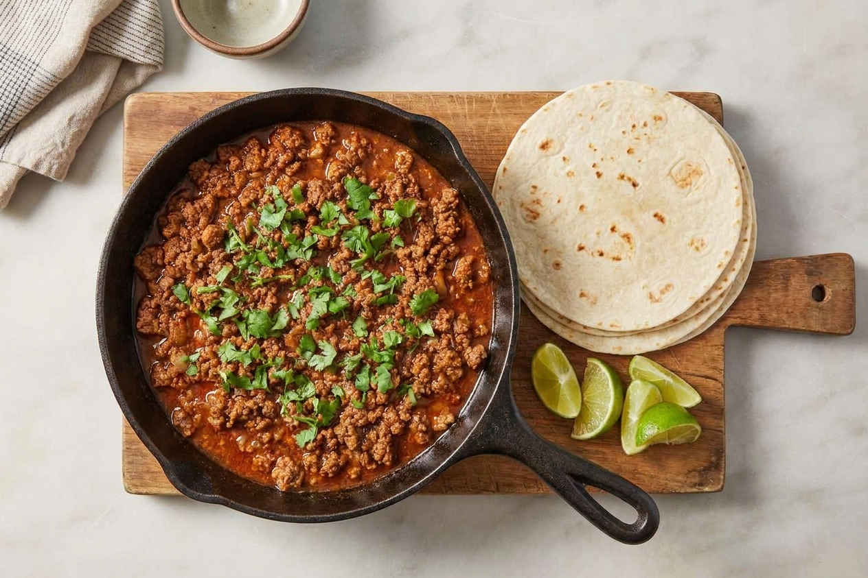 A cast iron skillet filled with saucy ground taco meat topped with chopped cilantro, with warm tortillas and lime wedges on a wooden board nearby in a cozy kitchen