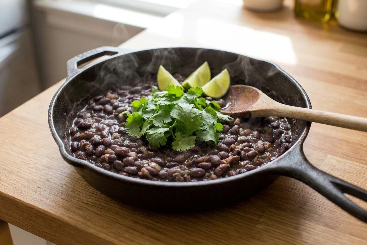 A cast iron skillet filled with saucy smoky black beans garnished with cilantro and lime wedges on a warm kitchen counter