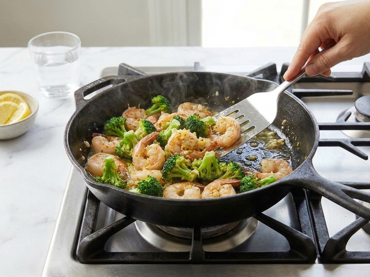 A cast iron skillet filled with sautéed shrimp and bright green broccoli florets in a glossy garlic lemon butter sauce on a home kitchen stove