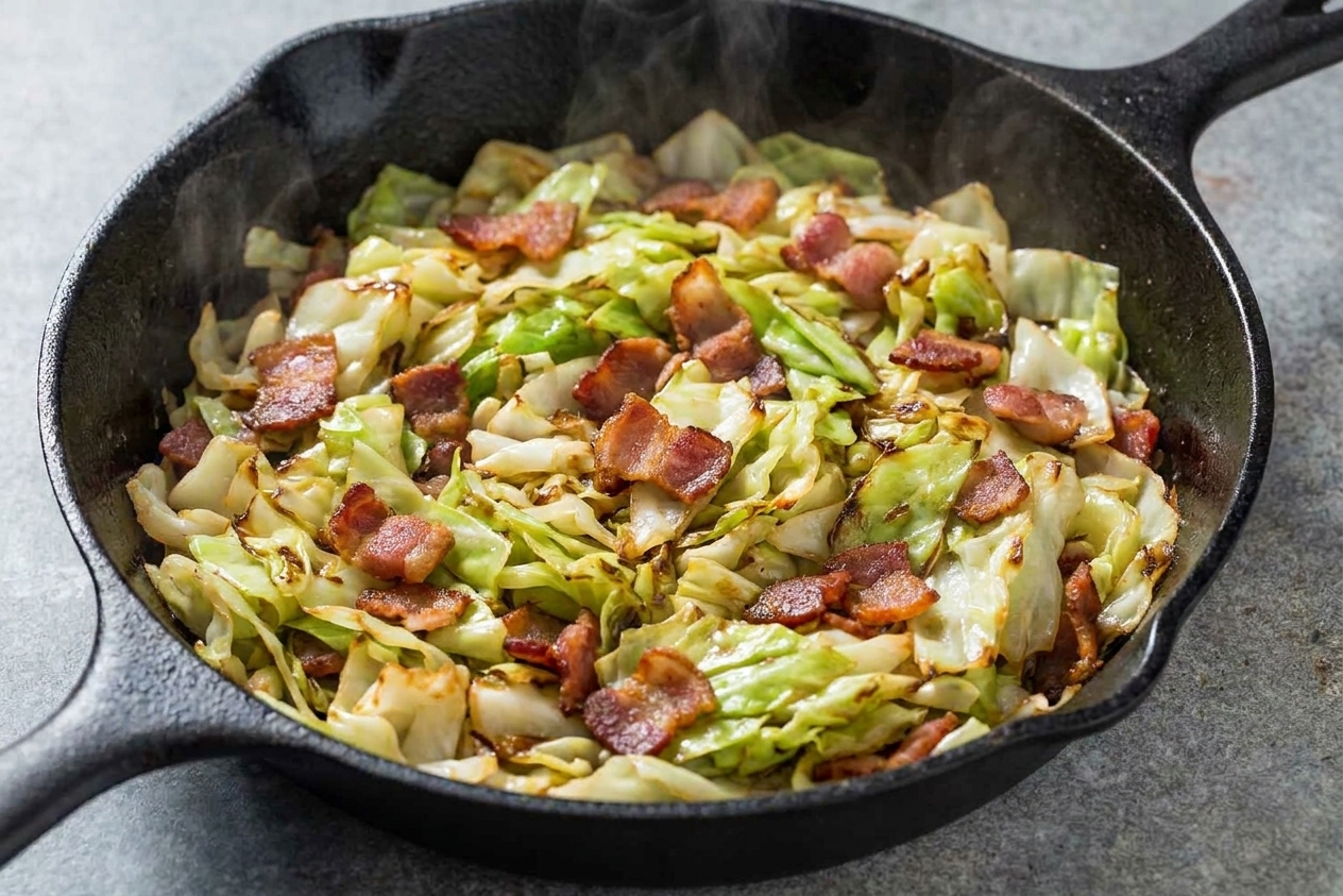 A cast iron skillet filled with sauteed green cabbage and crispy bacon pieces, lightly browned at the edges