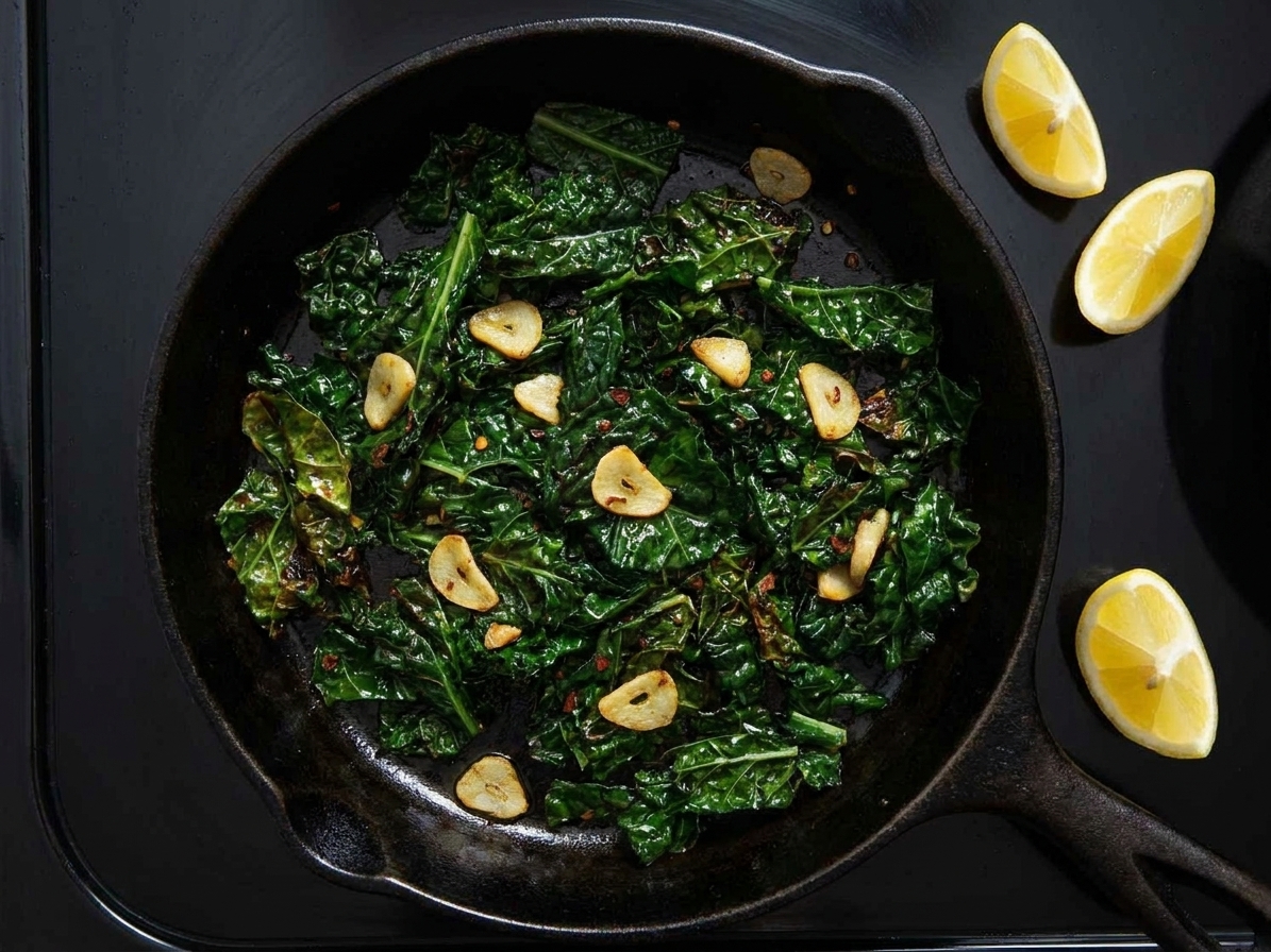 A cast iron skillet filled with sauteed kale with crisp edges, thinly sliced garlic, and a few lemon wedges on the side, warm kitchen lighting