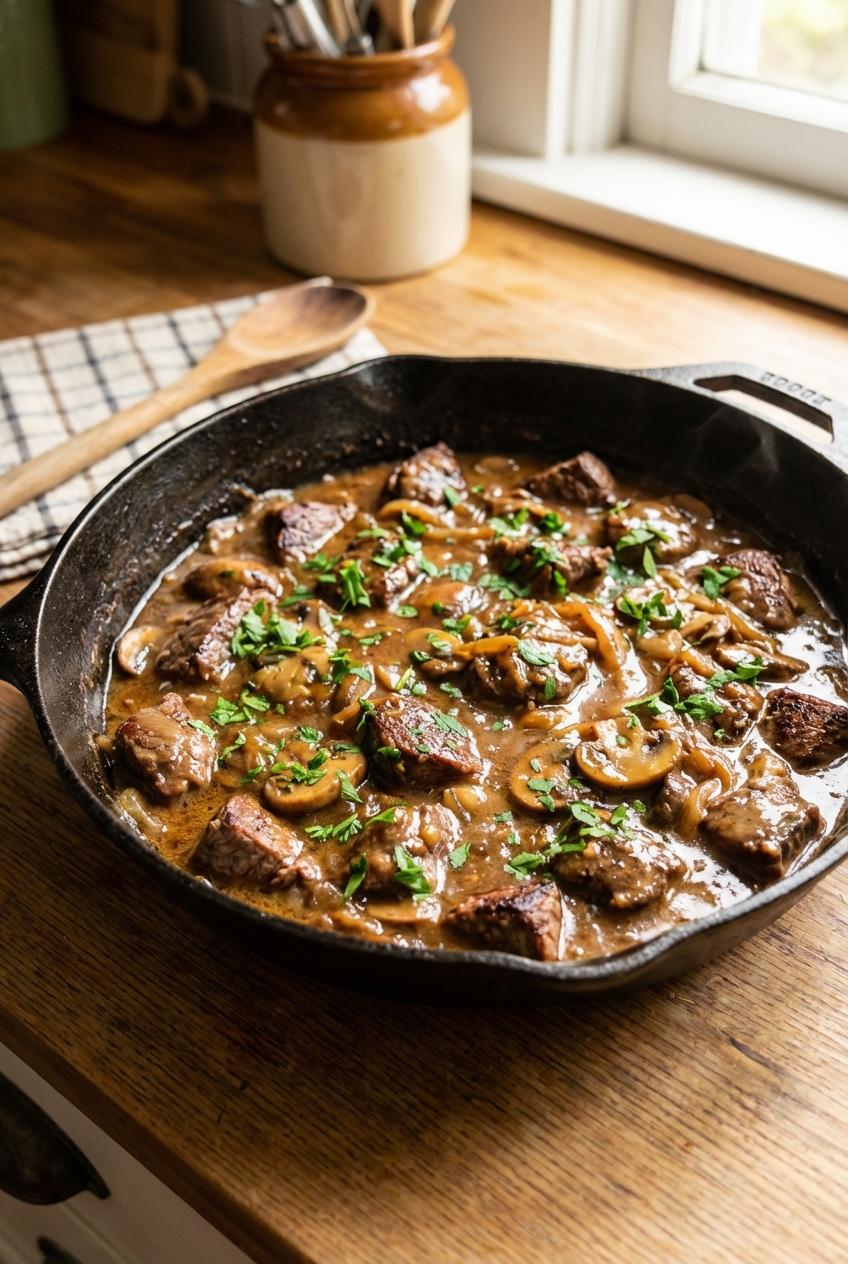 A cast iron skillet filled with seared beef tips in a glossy brown mushroom onion gravy, with fresh parsley on top