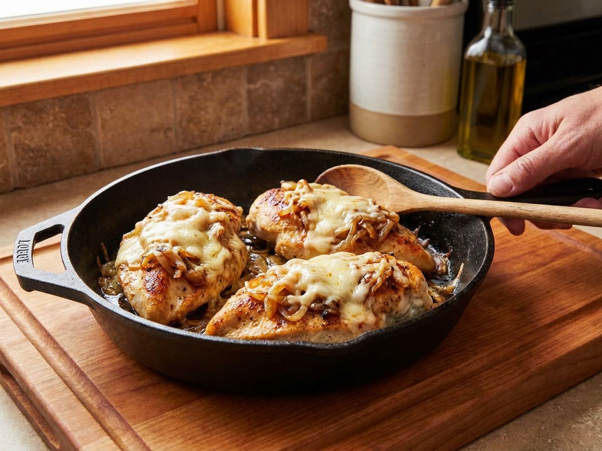 A cast iron skillet filled with seared chicken breasts topped with caramelized onions and melted Gruyere cheese, with a spoon resting on the edge on a warm kitchen counter