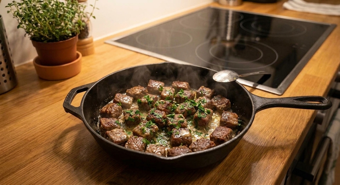 A cast iron skillet filled with seared garlic steak bites glistening in butter with chopped parsley, with a small spoon resting on the skillet edge on a warm kitchen counter