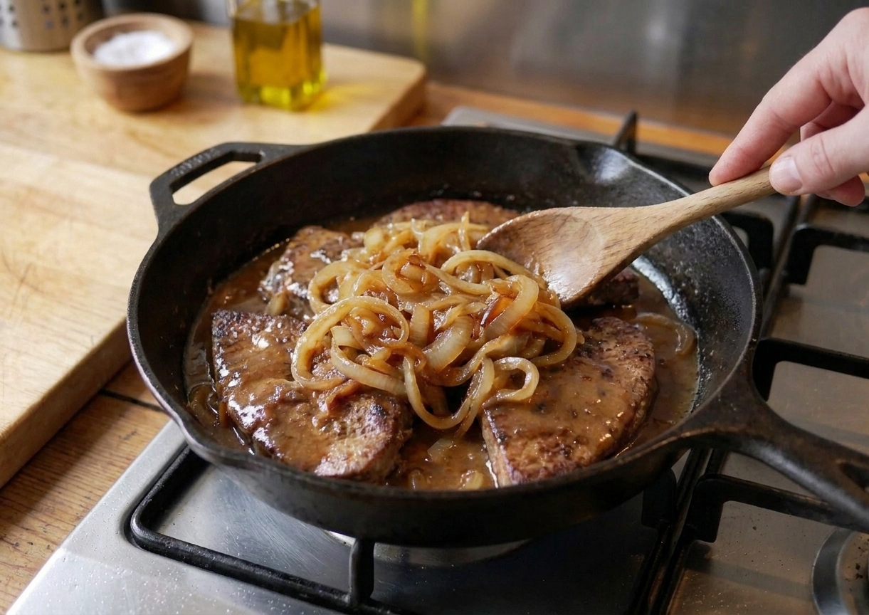 A cast iron skillet filled with seared liver slices topped with caramelized onions and glossy brown gravy on a home kitchen stove