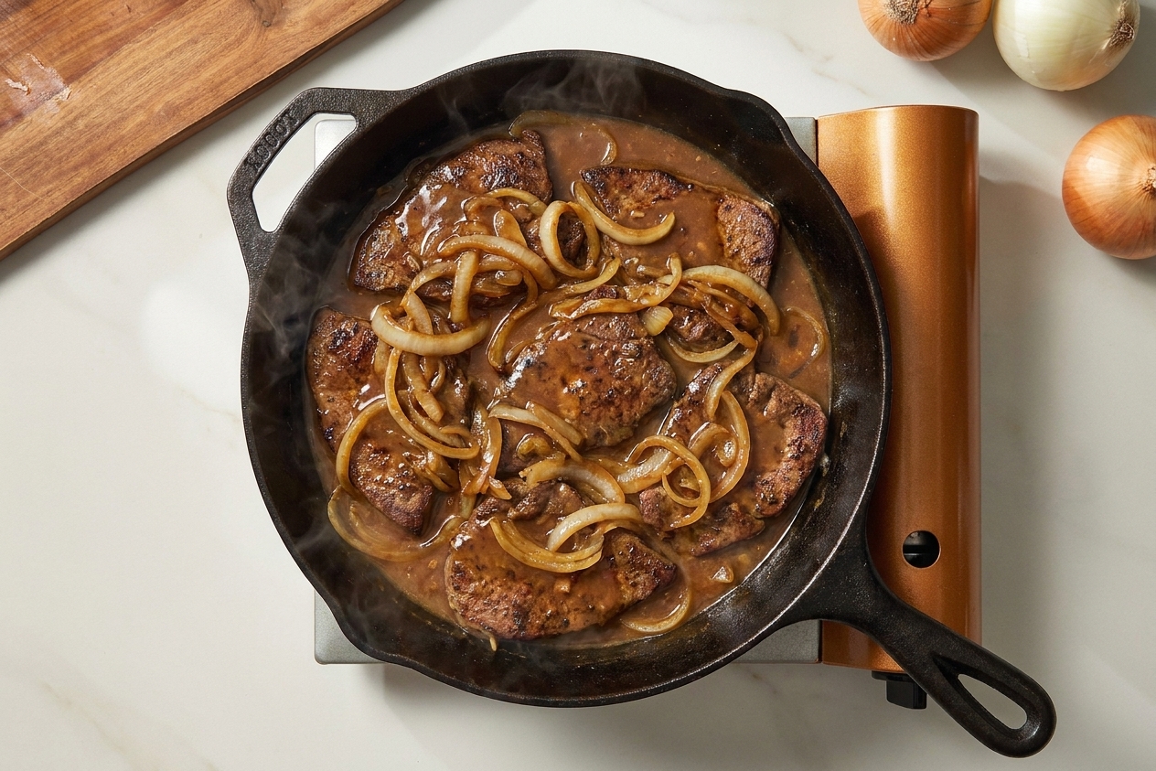 A cast iron skillet filled with seared slices of liver topped with caramelized onions and glossy brown gravy on a warm kitchen stove