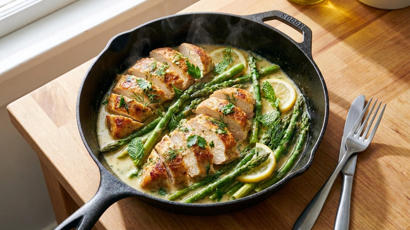 A cast iron skillet filled with sliced chicken and bright green asparagus in a creamy lemon sauce on a warm kitchen counter