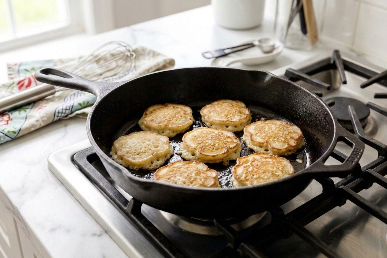 A cast iron skillet filled with small golden hoe cakes with crisp, lacy edges on a kitchen stove