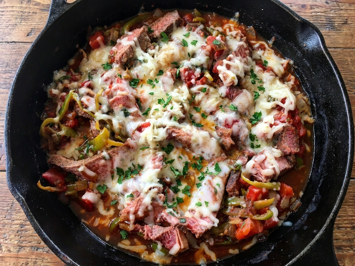 A cast iron skillet filled with steak pizzaiola, with seared steak pieces simmering in a chunky tomato sauce with sautéed peppers and onions, finished with fresh parsley on top