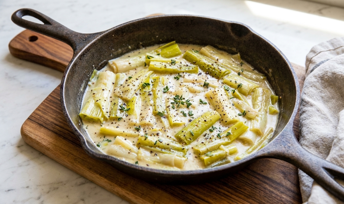 A cast iron skillet filled with tender braised leeks in a pale creamy sauce, lightly speckled with black pepper and thyme, on a warm kitchen counter with soft natural light