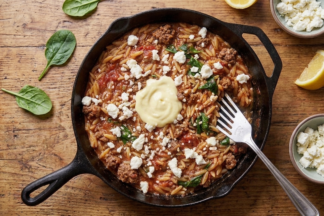 A cast iron skillet filled with tomato orzo and browned ground beef, wilted spinach, and crumbled feta, with a spoonful of lemon yogurt sauce on top on a warm kitchen counter