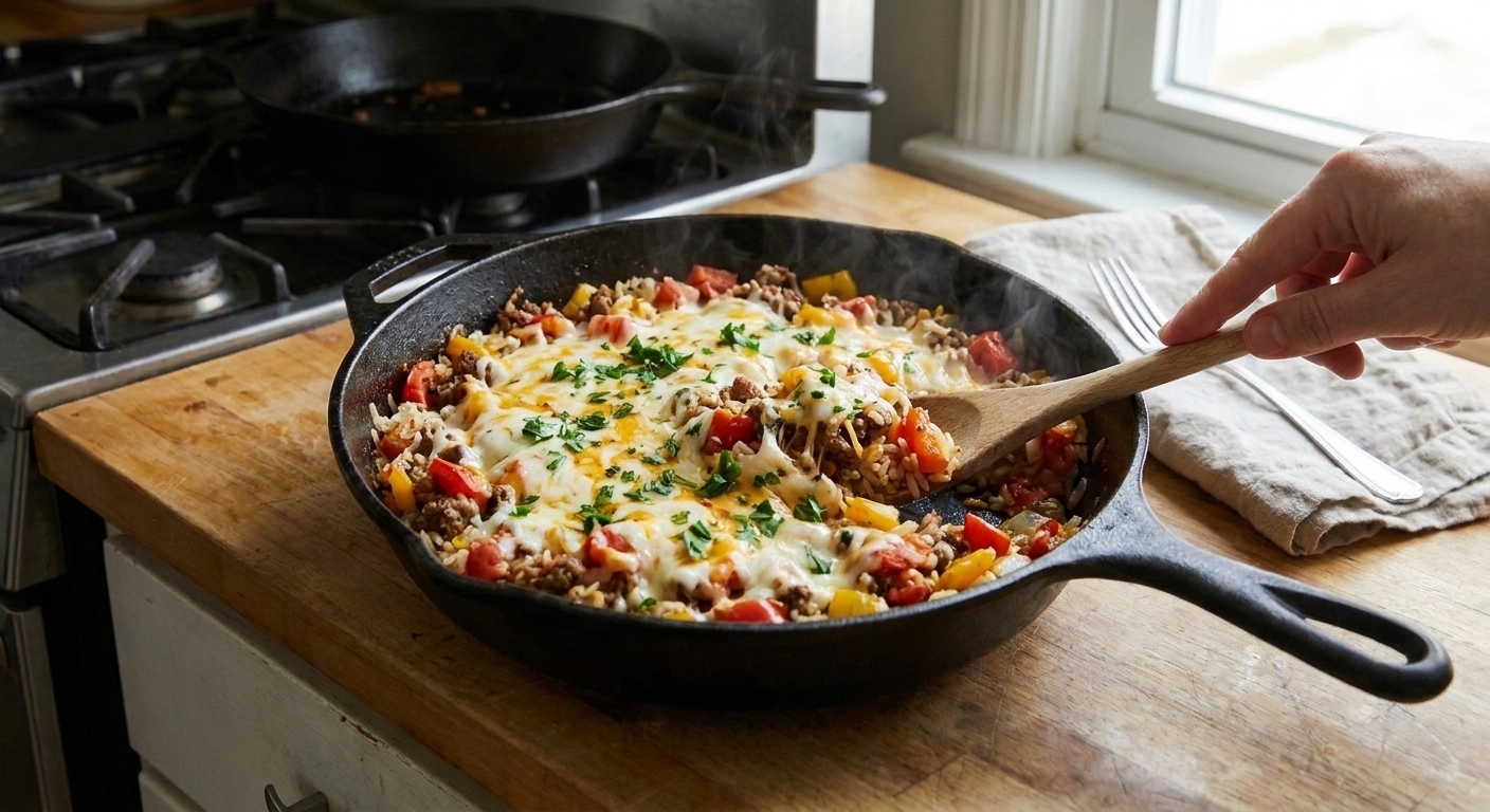 A cast iron skillet filled with unstuffed peppers, showing seasoned ground beef, tender bell pepper pieces, rice, and melted cheese on top, sitting on a warm-toned kitchen counter