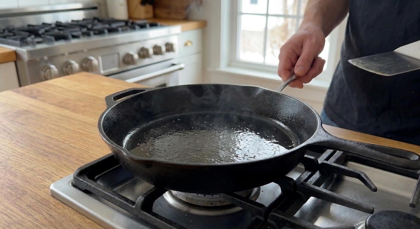 A cast iron skillet heating on a home stove with a light sheen of oil, ready for cooking smash burger patties