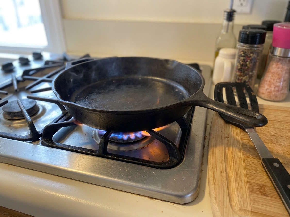 A cast iron skillet heating on a home stovetop with a spatula resting nearby in a warm, naturally lit kitchen