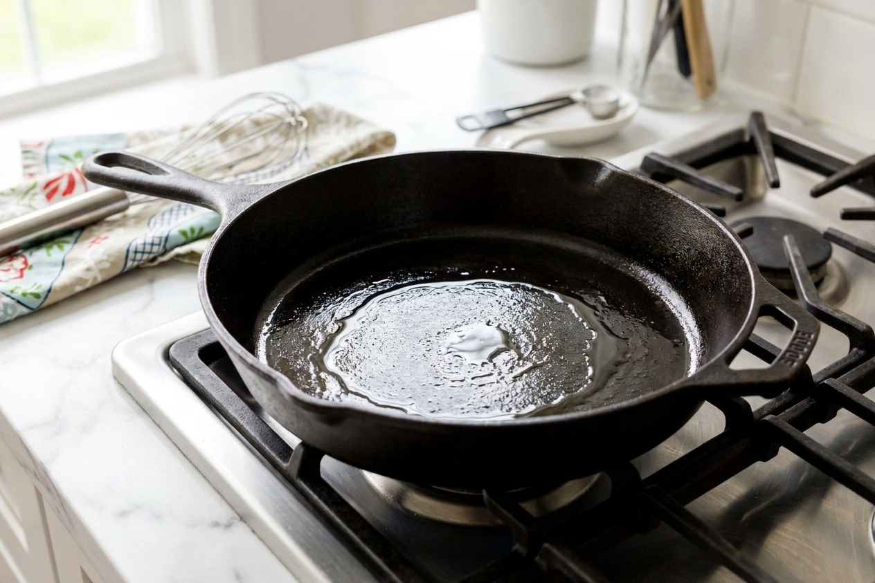A cast iron skillet heating on a stove with a thin sheen of oil shimmering across the surface