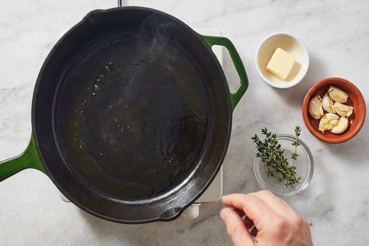 A cast-iron skillet heating on a stovetop burner, lightly shimmering oil in the pan under warm kitchen lighting