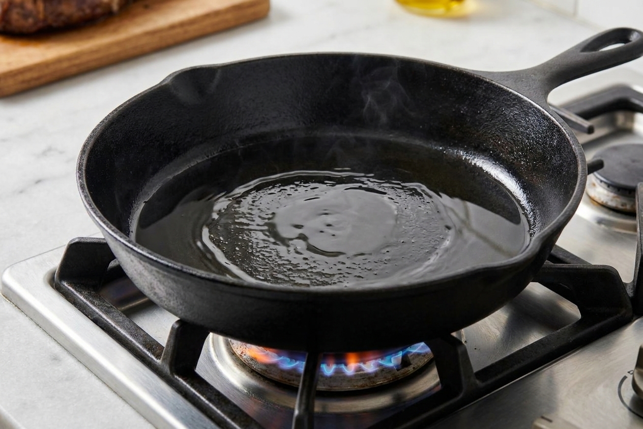A cast-iron skillet heating on a stovetop burner with a light shimmer of oil in the pan