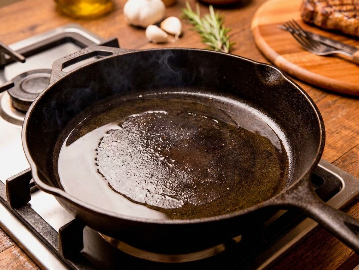 A cast iron skillet heating on a stovetop with a thin sheen of oil shimmering across the surface