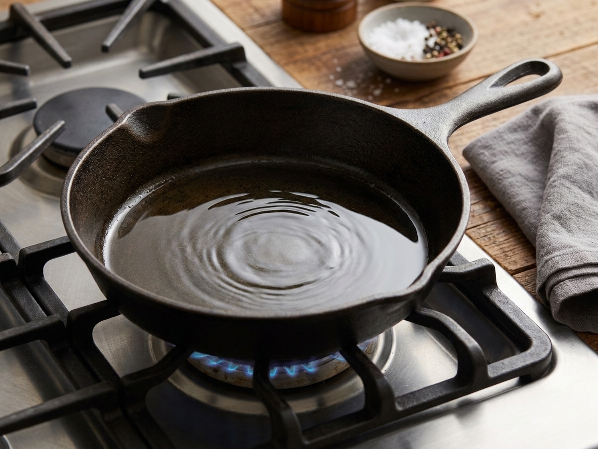 A cast iron skillet heating on a stovetop with a thin layer of shimmering oil