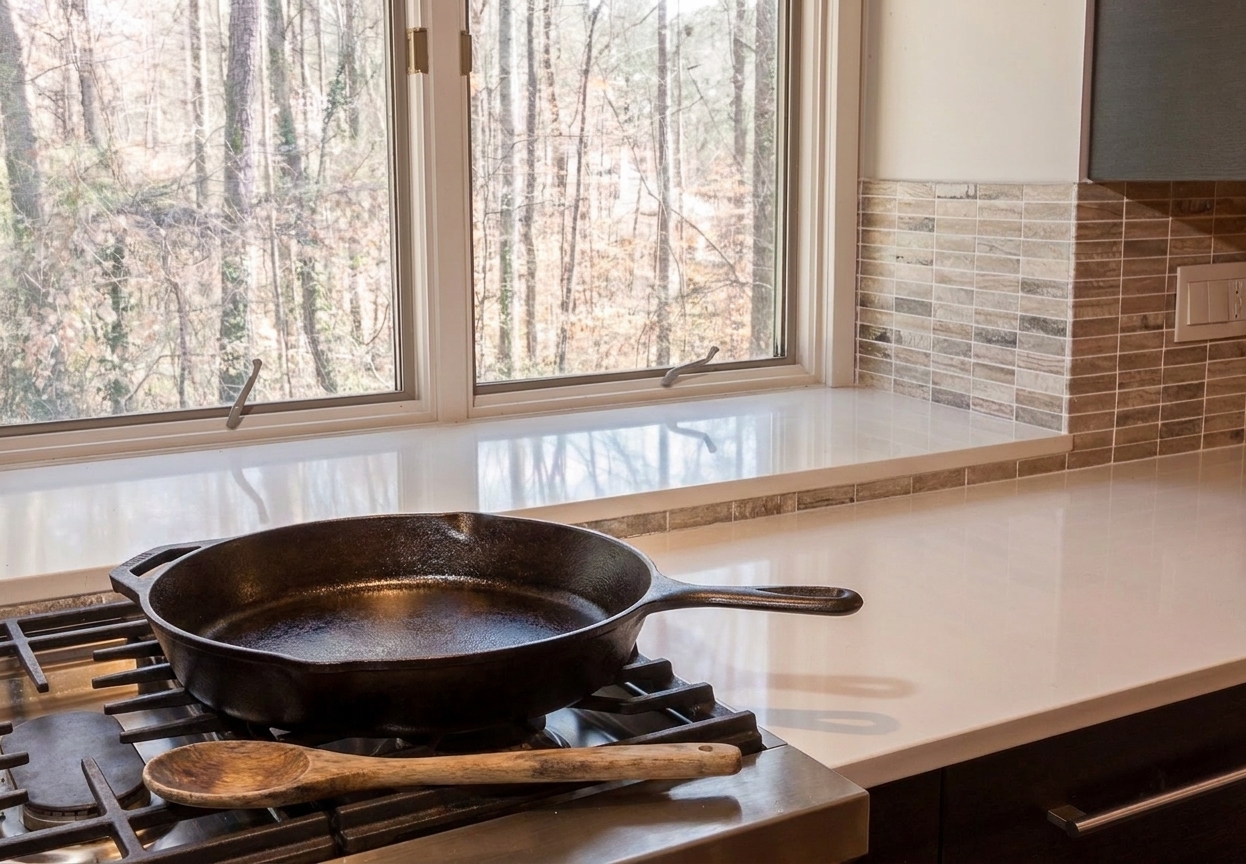 A cast iron skillet heating on a stovetop with a wooden spoon resting nearby in warm kitchen light