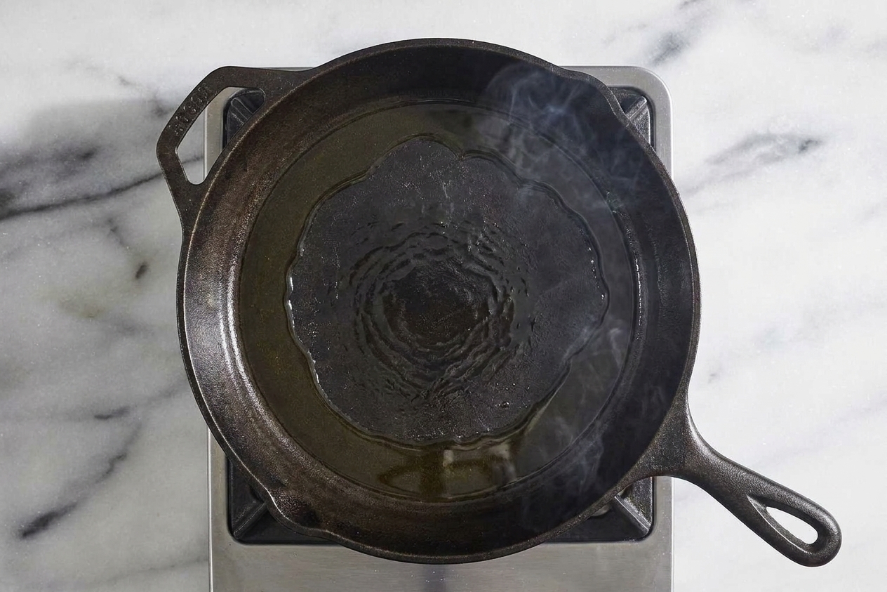 A cast iron skillet heating on a stovetop with shimmering olive oil, ready for searing